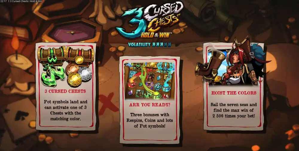 Pantalla inicial de 3 Cursed Chests con Anne Bonny sobre el grid de 5x3