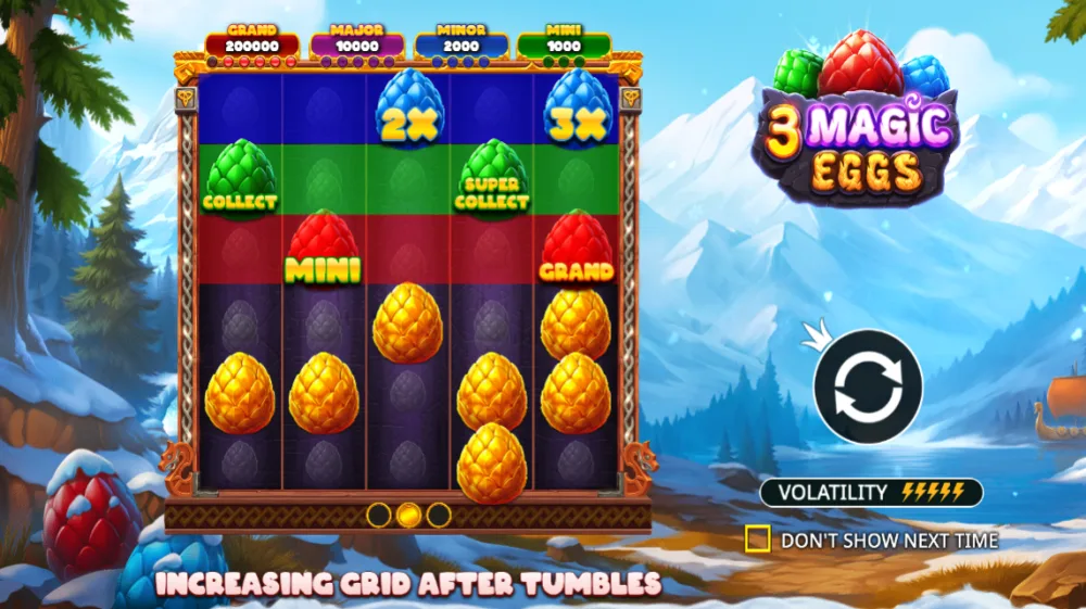 3 Magic Eggs Slot von Pragmatic Play — Drei Drachen über dem 5x3 Grid mit Eiern