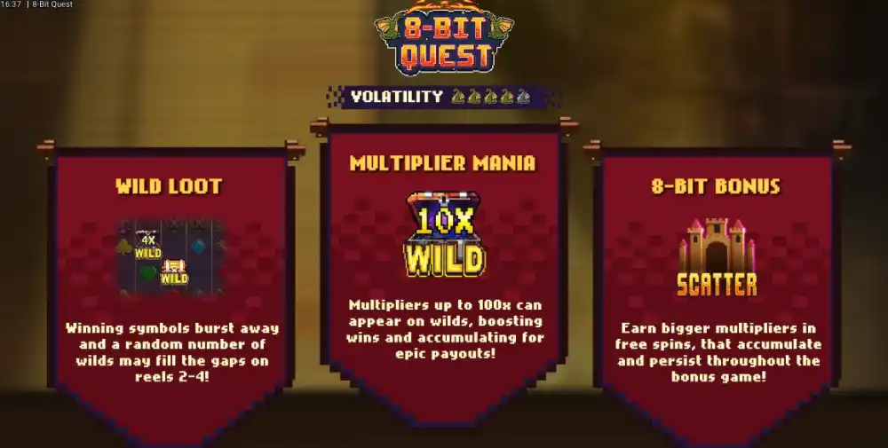 8-Bit Quest Retro-Arcade-Slot mit pixeligen Symbolen auf 5x4 Grid im alten Fernseher