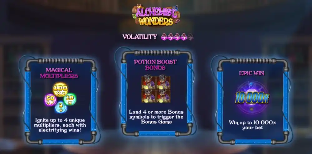 Alchemist Wonders Slot von NowNow Gaming — Startbildschirm mit Alchemisten-Labor