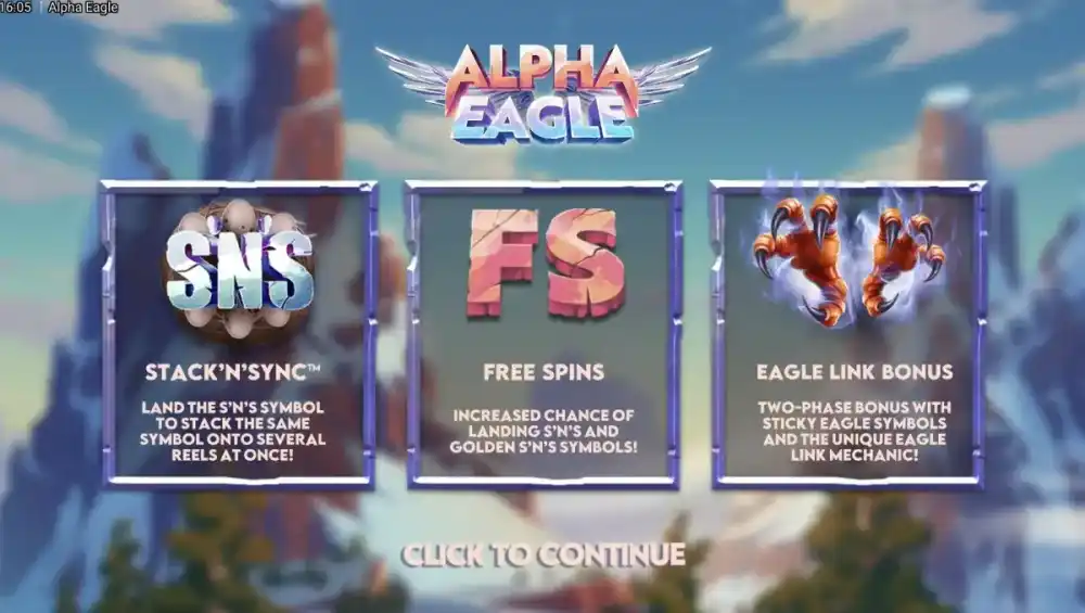 Alpha Eagle Slot von Hacksaw Gaming — Retro-Berglandschaft mit Adler-Symbolen auf dem 5x4 Grid