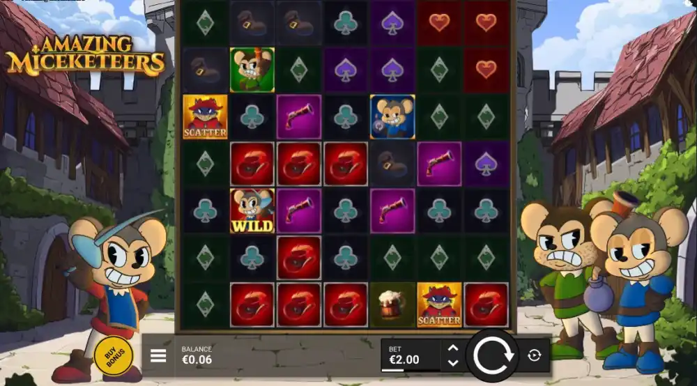 Amazing Miceketeers Slot von Bullshark Games — Cluster Pays Grid in Aktion