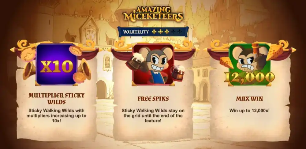 Amazing Miceketeers Slot mit Mäuse-Musketieren auf dem 7x7 Cluster-Pays-Grid von Bullshark Games