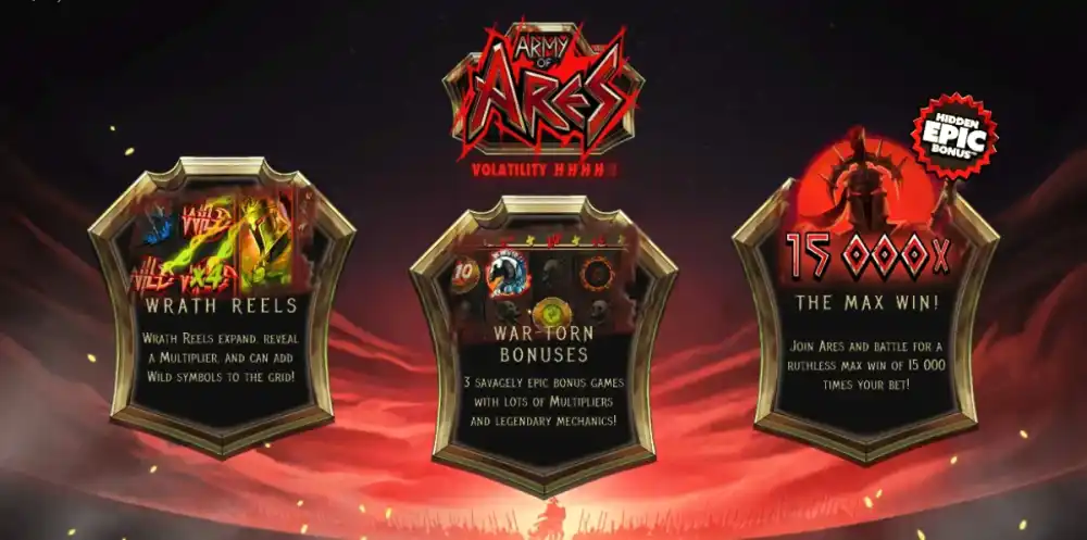 Army of Ares Slot von Hacksaw Gaming — Startbildschirm mit Kriegsgott-Setting