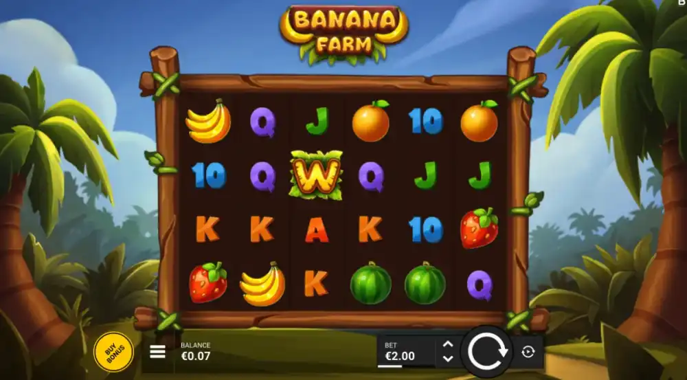 Banana Farm Slot von Backseat Gaming — Frucht-Grid mit Wild Reels in Aktion