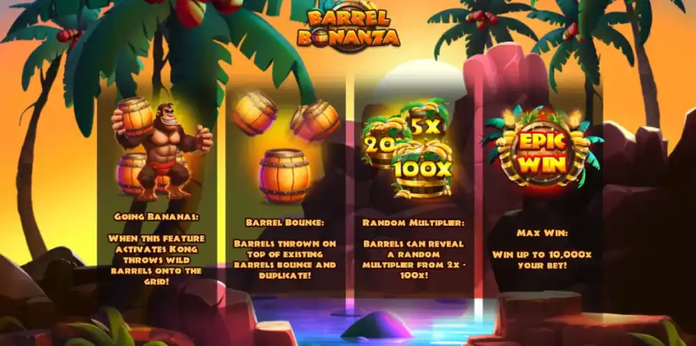 Barrel Bonanza Slot mit Gorilla Kong und tropischem Setting auf 5x4 Grid von Backseat Gaming