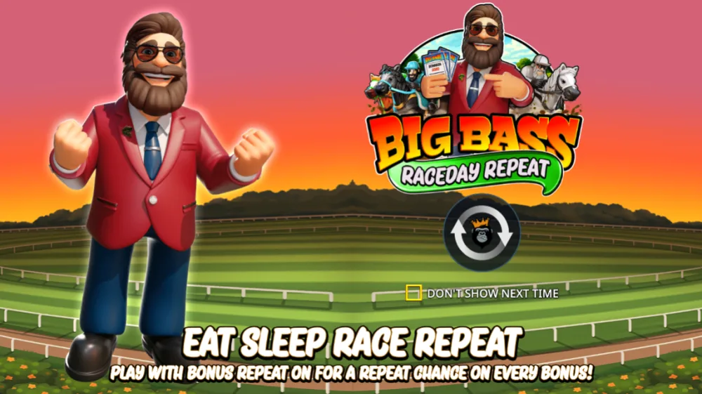Big Bass Raceday Repeat Slot von Pragmatic Play — Rennbahn-Szene auf dem 5x3 Grid mit Wiederholungs-Feature