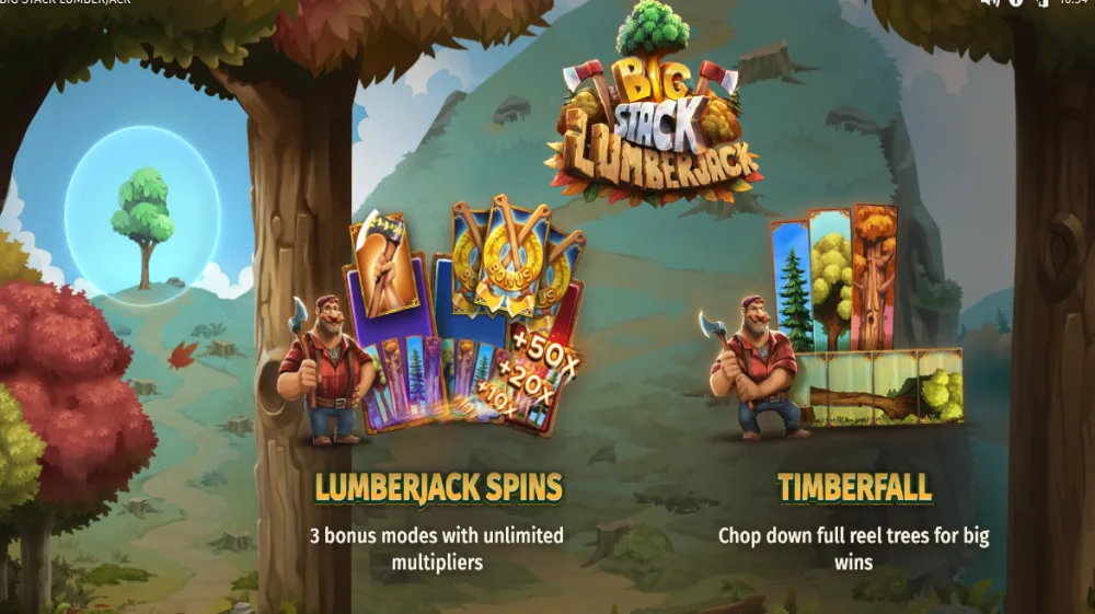 Big Stack Lumberjack Slot von Print Studios — gestapelte Bäume auf dem 5x3 Grid