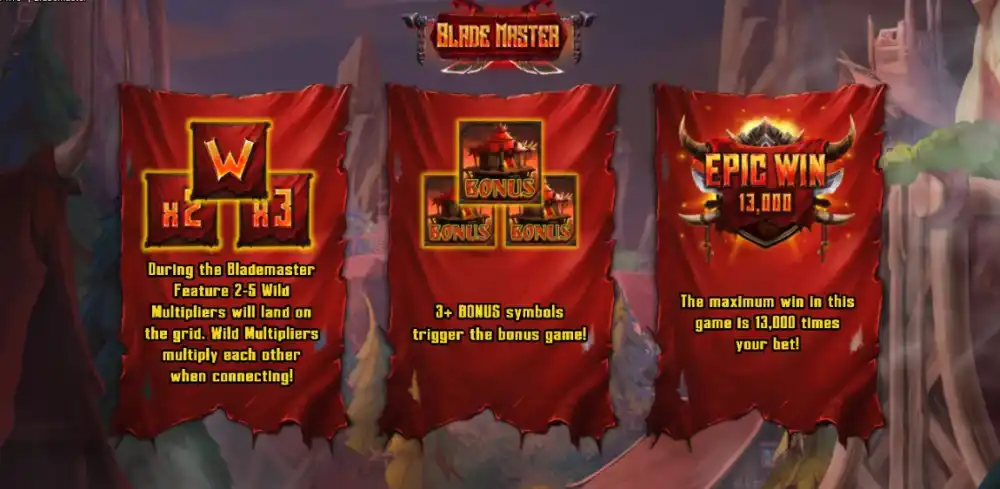 Blade Master Slot mit Orc-Krieger und Fantasy-Setting auf 5x5 Grid von Backseat Gaming