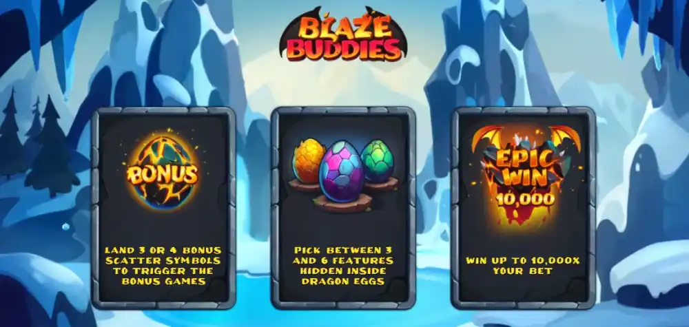Blaze Buddies Slot mit vier Drachen-Charakteren auf eisigem Berglandschaft-Setting von Backseat Gaming