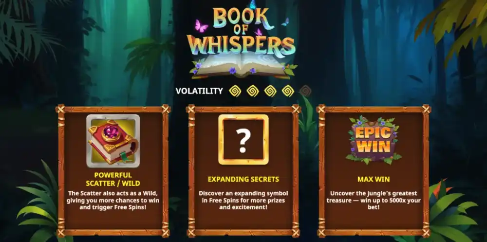 Book of Whispers Slot von Trusty Gaming — Dschungel-Setting mit Book-of-Mechanik