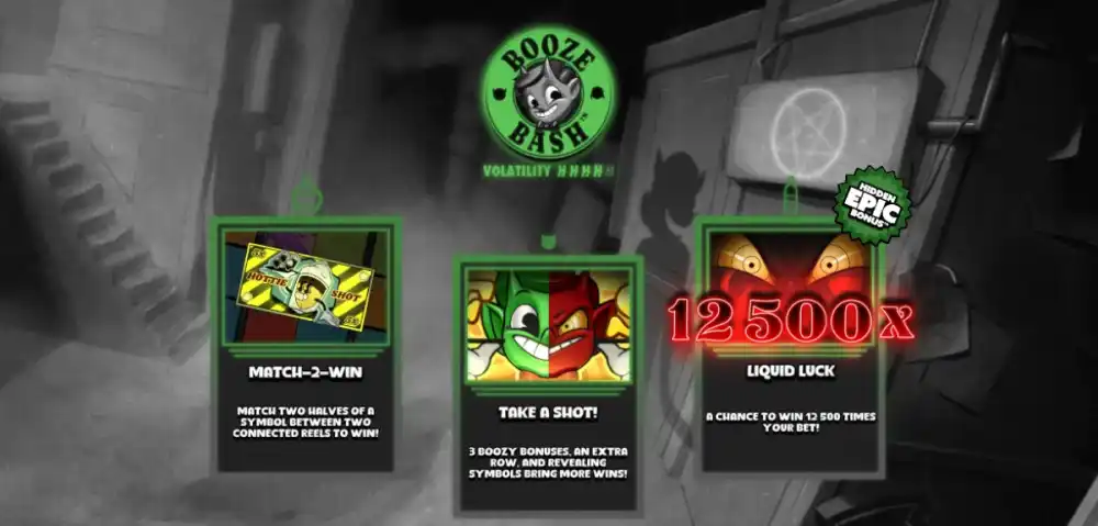 Booze Bash Slot von Hacksaw Gaming — Match 2 Win auf dem 6x4 Grid im Prohibition-Setting