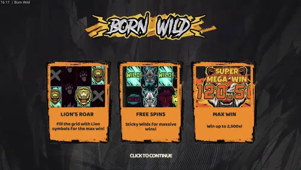 Born Wild Slot von Hacksaw Gaming — urbanes Tier-Thema mit Löwen auf dem 5x4 Grid