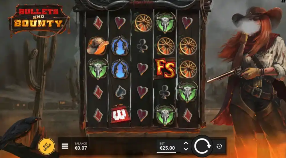 Bullets and Bounty Slot von Hacksaw Gaming — DuelReels auf dem 5x5 Grid