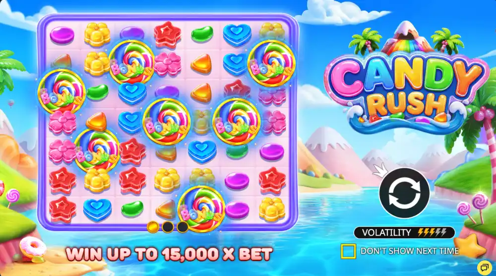 Candy Rush, tragamonedas 7x7 de Pragmatic Play con caramelos y underlay multiplicador