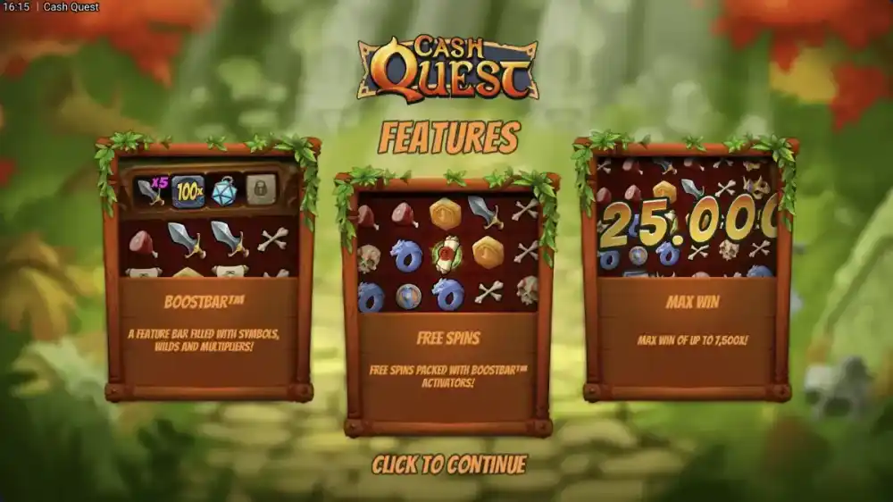 Cash Quest Slot von Hacksaw Gaming — Natur-Theme mit Boostbar und Cluster-Symbolen auf 6x6 Grid