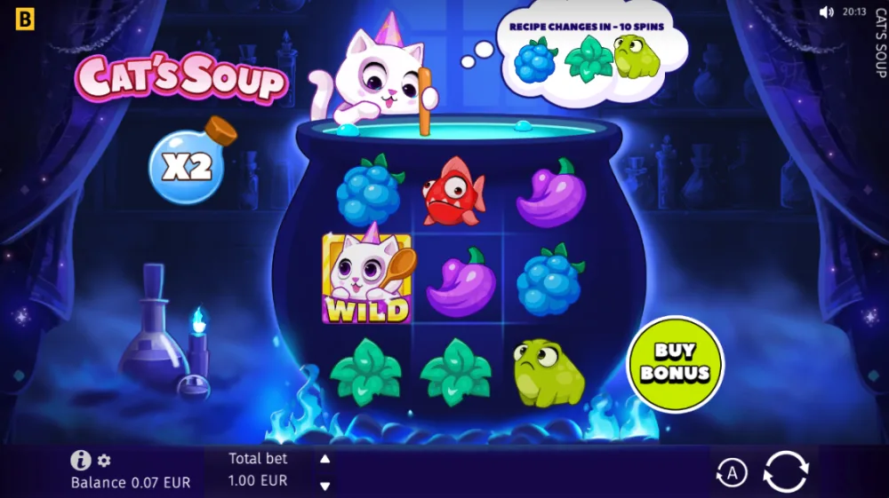 Cat's Soup Slot von BGaming — Gameplay mit Flask-Multiplikator