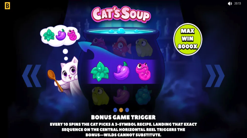 Cat's Soup Slot von BGaming — 3x3-Slot mit 98% RTP und Flask-Multiplikator