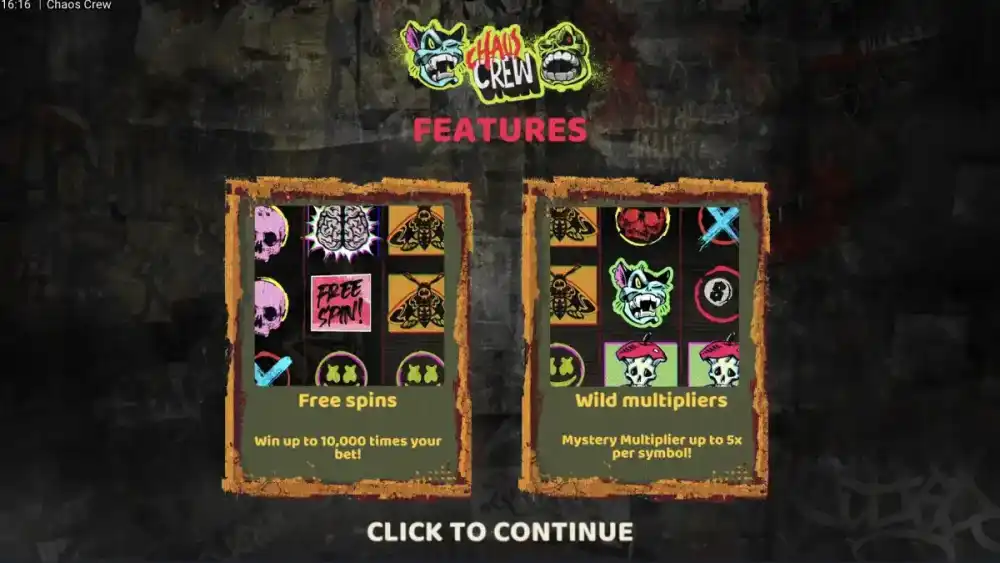 Chaos Crew Slot von Hacksaw Gaming — Punk-Graffiti-Design mit Cranky und Sketchy auf dem 5x5 Grid