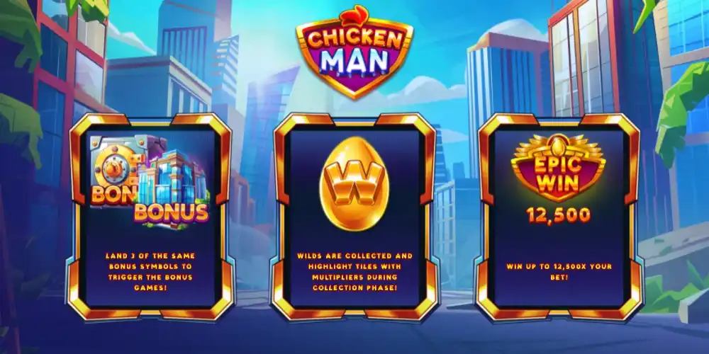 Chicken Man Slot von Backseat Gaming — Superhelden-Huhn auf dem 5x5 Grid