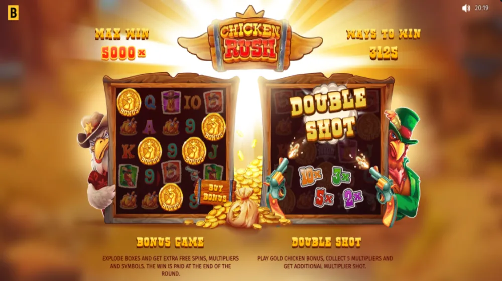 Chicken Rush Slot von BGaming — bunte Hühner auf dem 5x5 Spielfeld