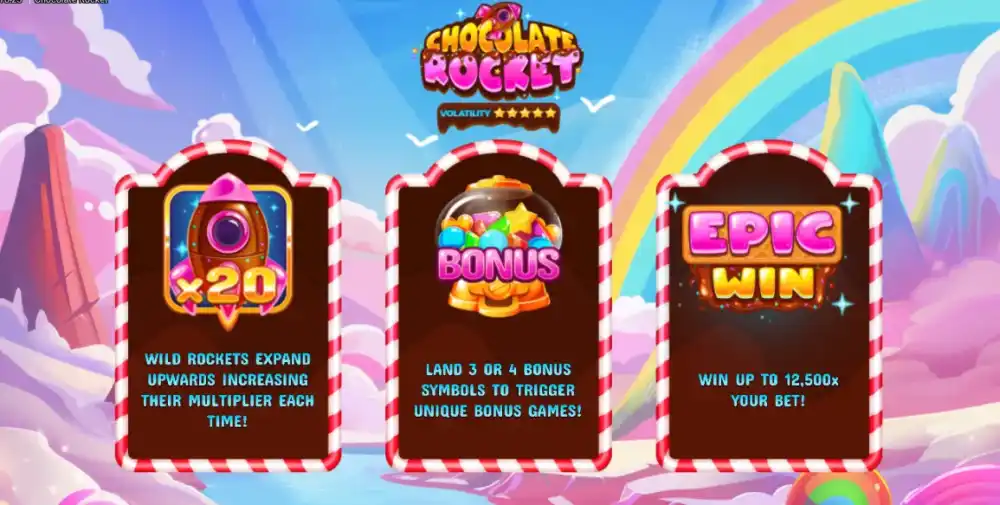 Chocolate Rocket Slot mit Schokoladen-Theme und Wild Rocket Symbolen auf 5x5 Grid