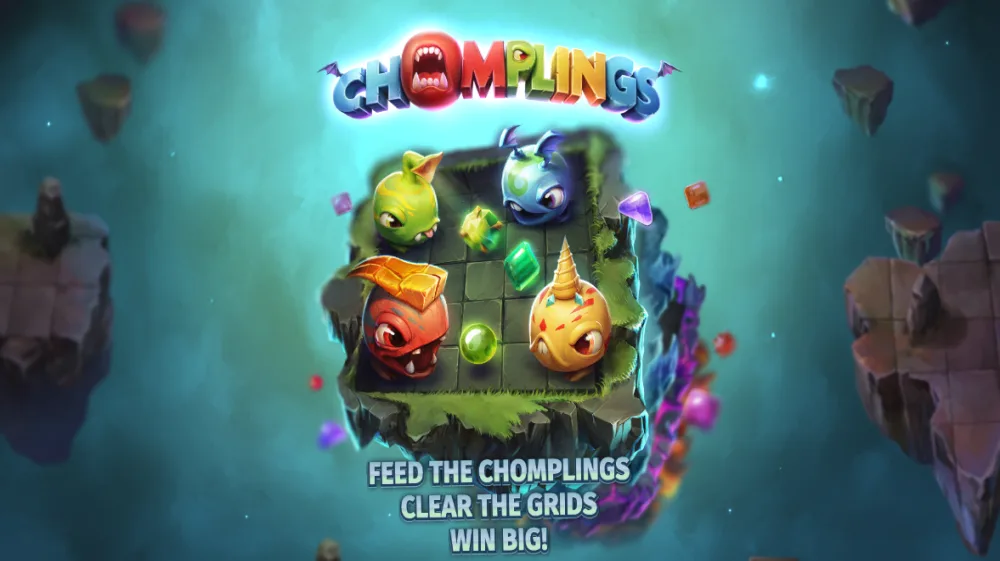 Chomplings Slot von Print Studios — vier Monster auf dem 8x8 Spielfeld