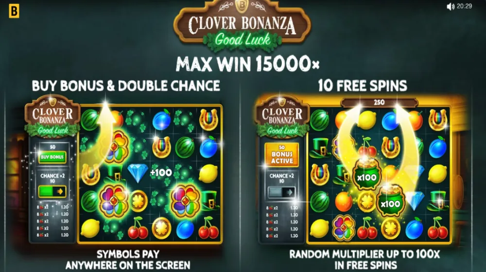 Clover Bonanza Slot von BGaming — irisches Kleeblatt-Theme auf dem 6x5 Grid