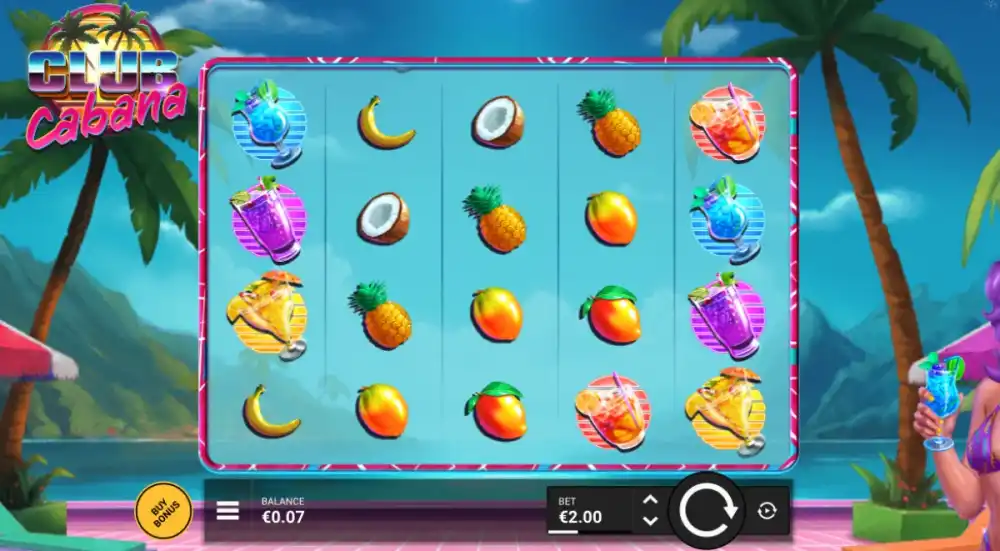 Club Cabana Slot von Kitsune Studios — Spielfläche mit Pool-Party-Theme