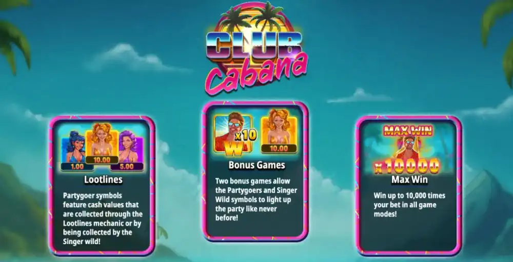 Club Cabana Slot von Kitsune Studios — 80er Pool-Party mit Lootlines auf dem 5x4 Grid