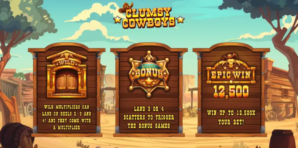 Clumsy Cowboys Slot von Backseat Gaming — Nilpferd und Nashorn als Cowboys auf dem 5x4 Grid
