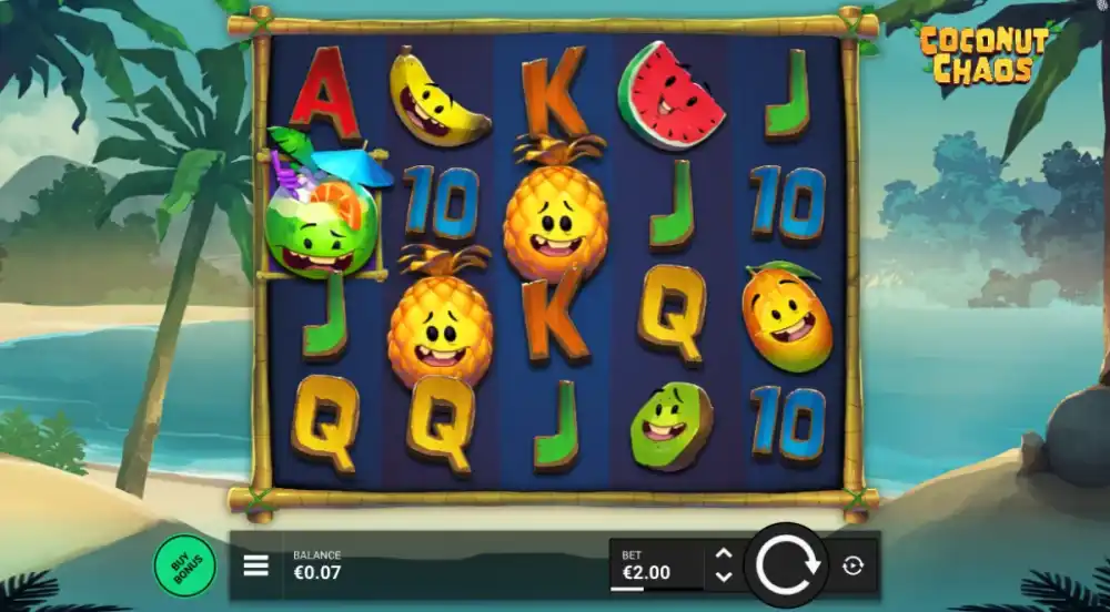 Coconut Chaos Slot von Pineapple Play — Gameplay mit Frucht-Symbolen und Token