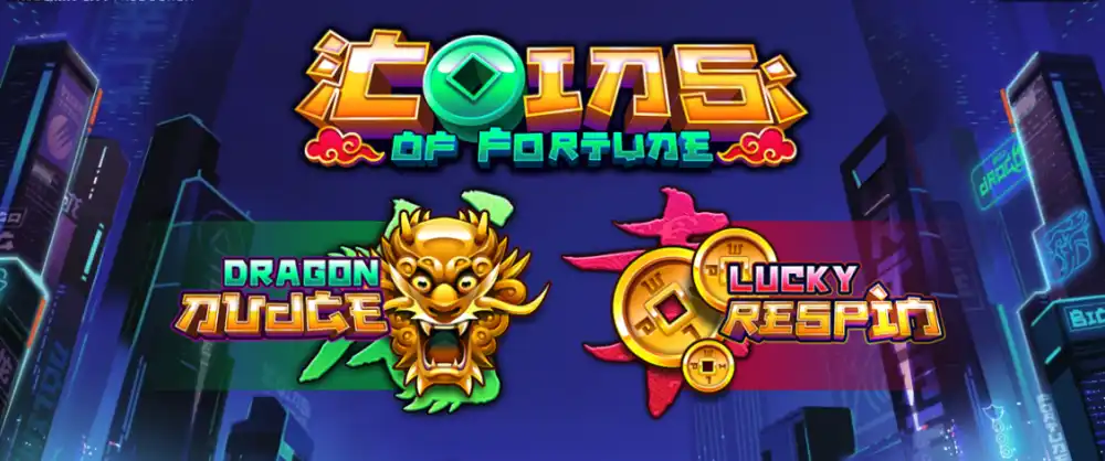 Coins of Fortune Slot von Nolimit City — chinesisches Cyberpunk-Design mit Dragon Nudge auf dem 5x3 Grid