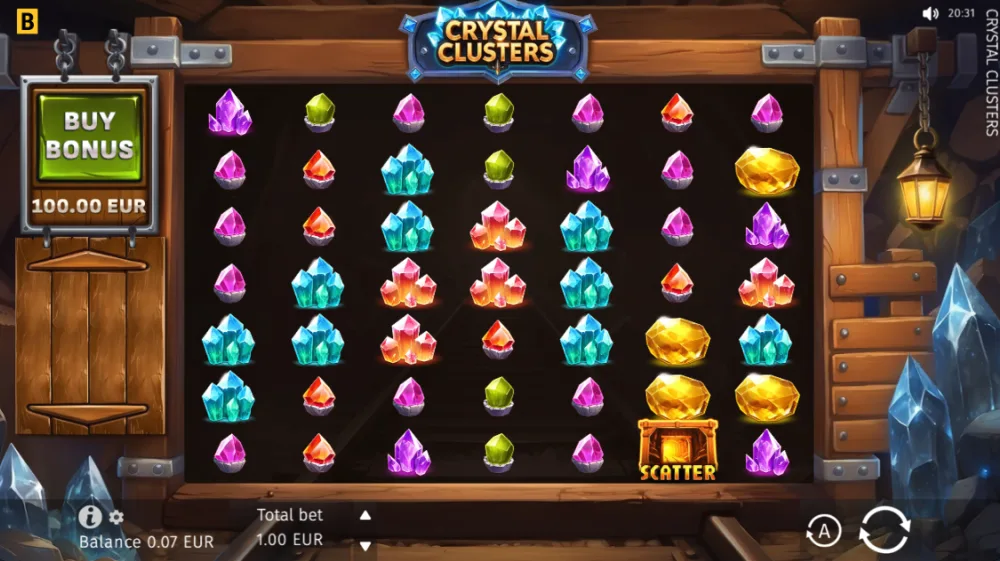Crystal Clusters Slot von BGaming — Kristall-Cluster auf dem 7x7 Grid