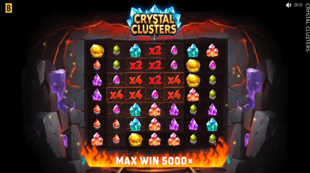 Crystal Clusters Slot von BGaming — Kristalle auf dem 7x7 Cluster-Grid