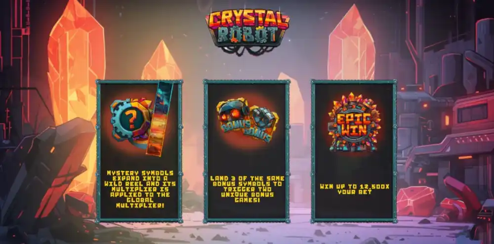 Crystal Robot Slot mit Sci-Fi-Roboter und Global Multiplier auf dem 5x5 Grid von Backseat Gaming