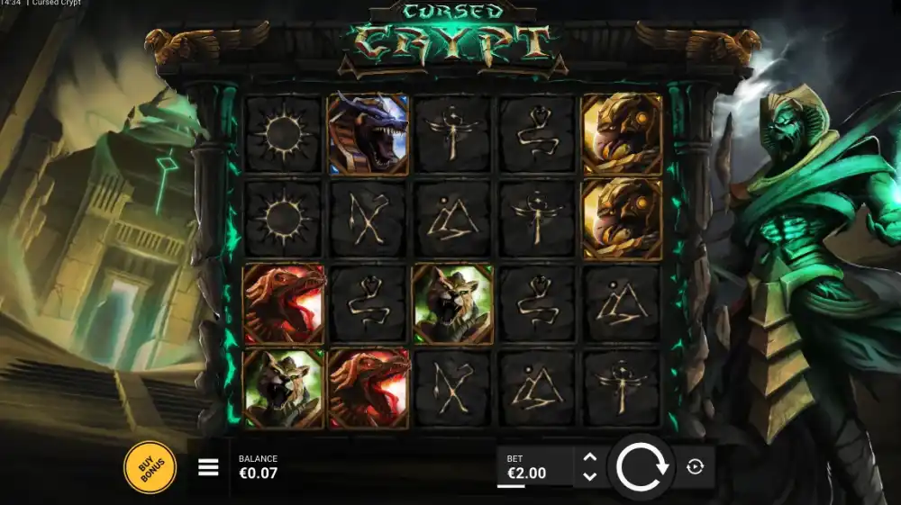 Cursed Crypt Slot von Hacksaw Gaming — Curse Symbol breitet sich auf dem Grid aus
