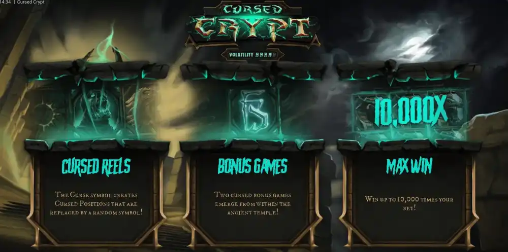 Cursed Crypt Slot mit Horror-Ägypten-Setting und Cursed Reels auf dem 5x4 Grid von Hacksaw Gaming