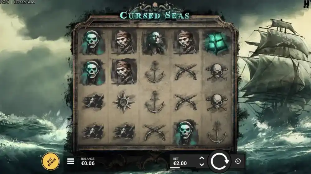 Cursed Seas Slot von Hacksaw Gaming — Piraten-Spielfeld mit Chests