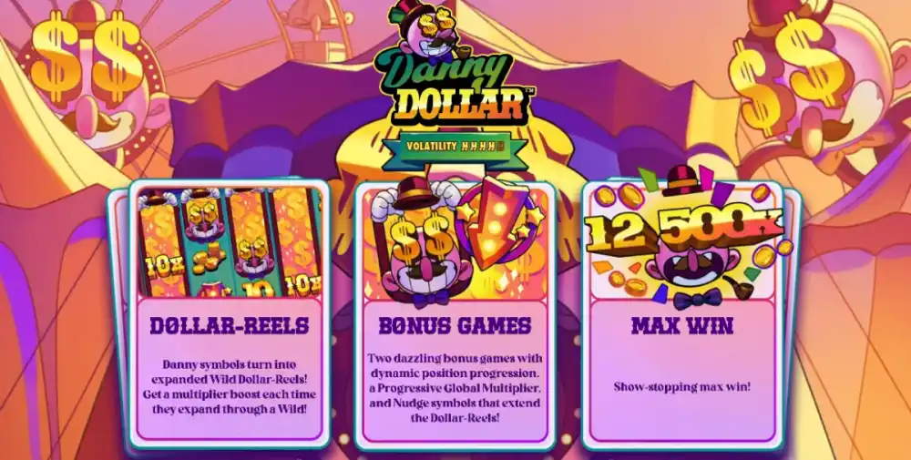 Danny Dollar Slot von Hacksaw Gaming — Retro-Cartoon-Stil mit Dollar Reels auf dem 5x5 Grid