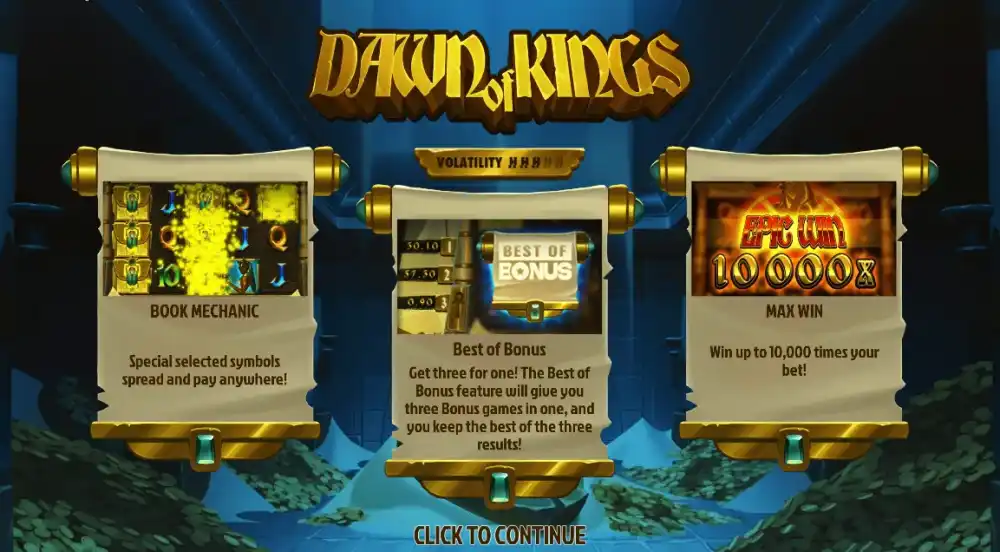 Dawn of Kings Slot von Hacksaw Gaming — ägyptisches Book-Mechanic auf 5x3 Grid