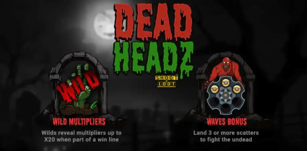 Dead Headz Slot von Jinx Gaming — Zombie-Friedhof-Gameplay auf dem 5x5 Grid mit Wild Multiplikatoren