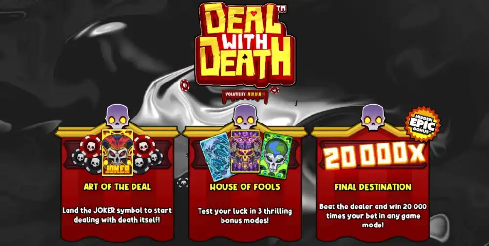 Deal with Death Slot von Hacksaw Gaming — Skelett-Dealer am Poker-Tisch im Purgatory-Setting