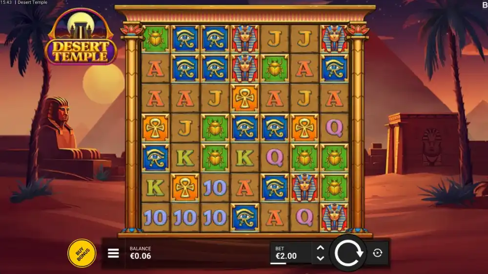 Desert Temple Slot von Backseat Gaming — Spielansicht mit Cluster Pays
