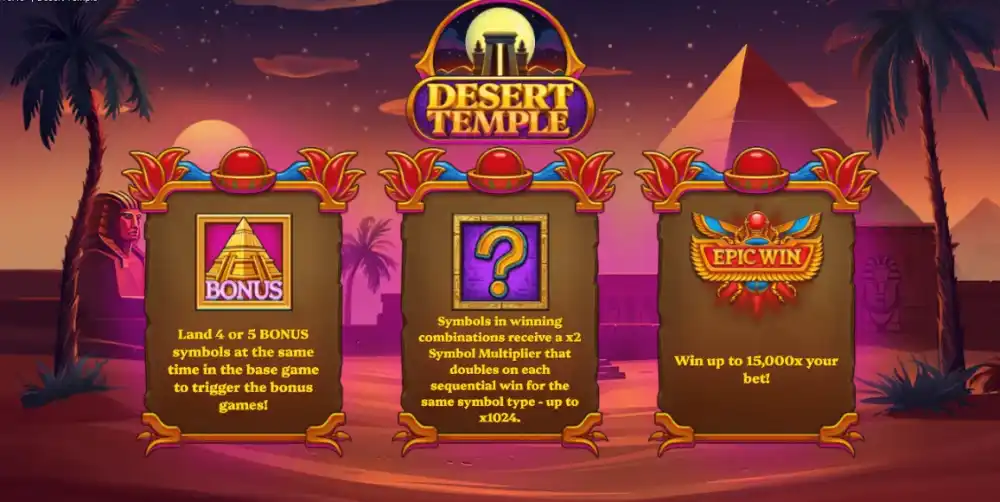 Desert Temple Slot mit ägyptischem Tempel-Setting und Symbol Multipliern auf dem 7x7 Cluster-Pays-Grid von Backseat Gaming