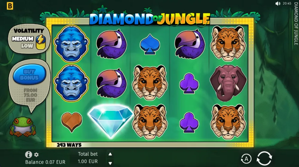 Diamond of Jungle Slot von BGaming — Dschungel-Setting mit Comic-Grafik