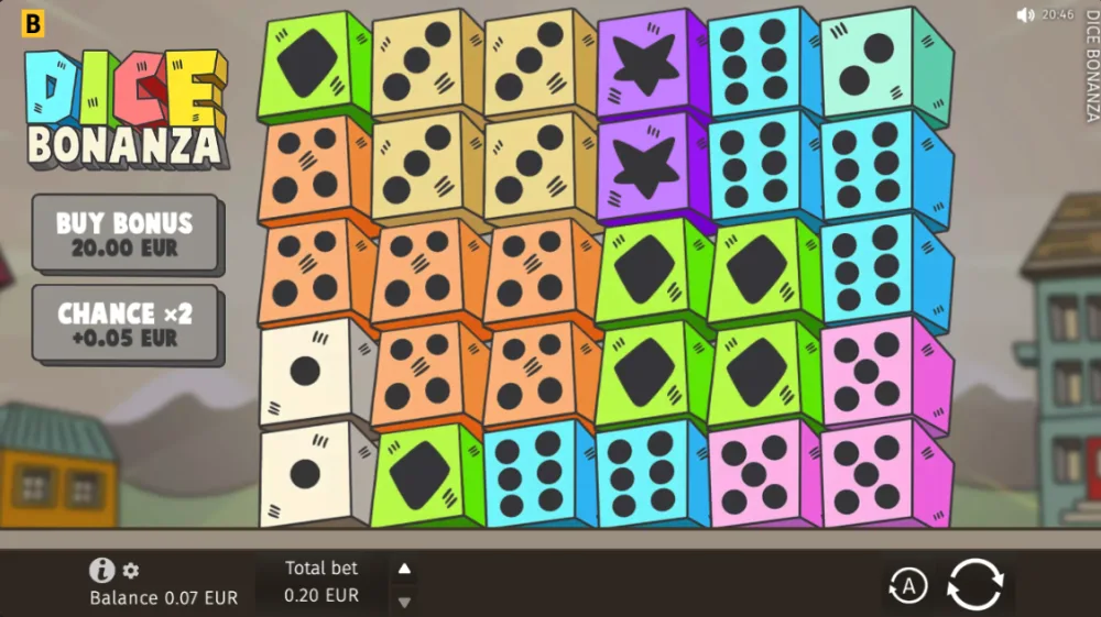 Dice Bonanza Slot von BGaming — bunte Würfel auf dem Scatter-Pays-Grid