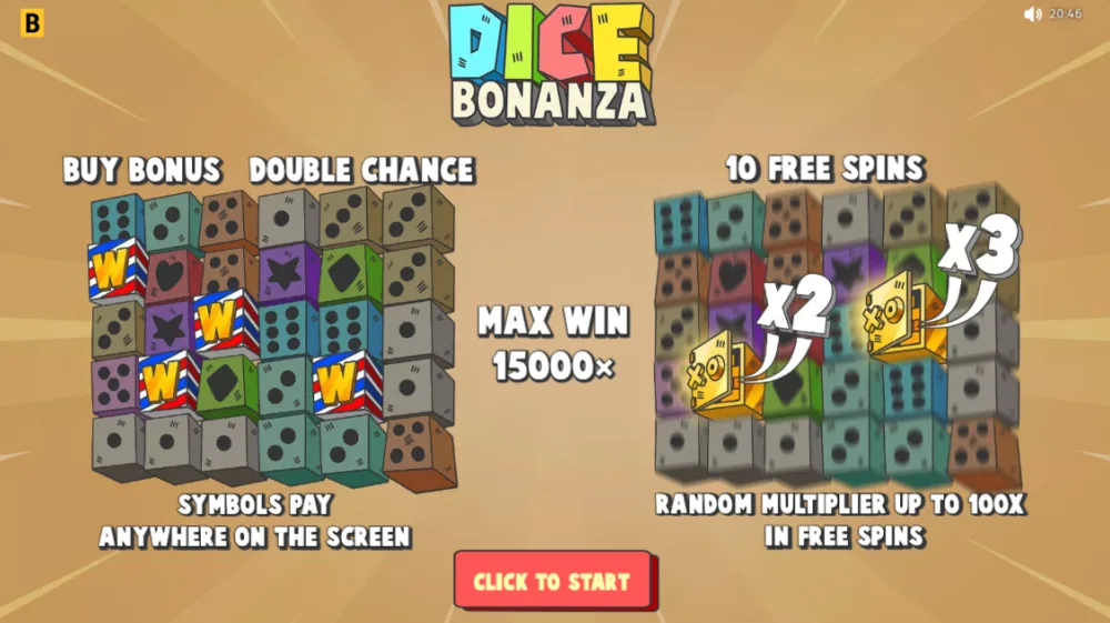 Dice Bonanza Slot von BGaming — bunte Würfel auf dem 6x5 Scatter-Pays-Grid