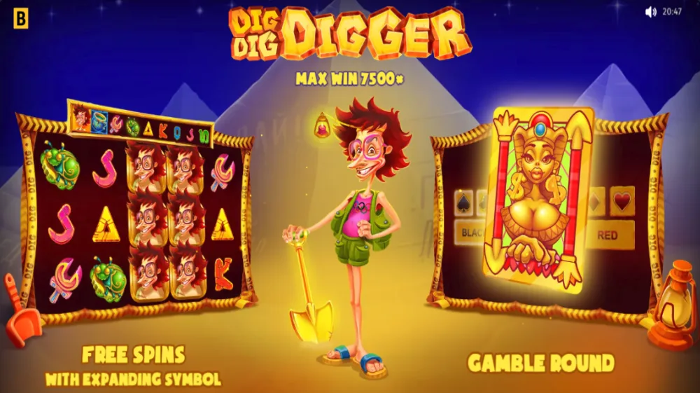 Dig Dig Digger Slot von BGaming — Archaeologe grabt nach Schätzen im Wuestensand