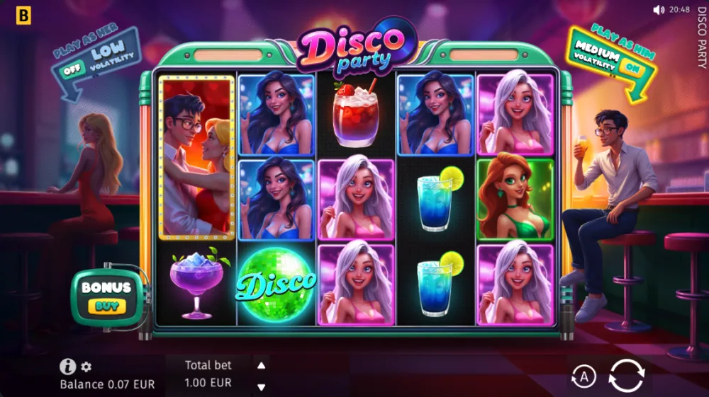 Disco Party Slot von BGaming — Spielfeld mit Disco-Symbolen und Multiplikatoren